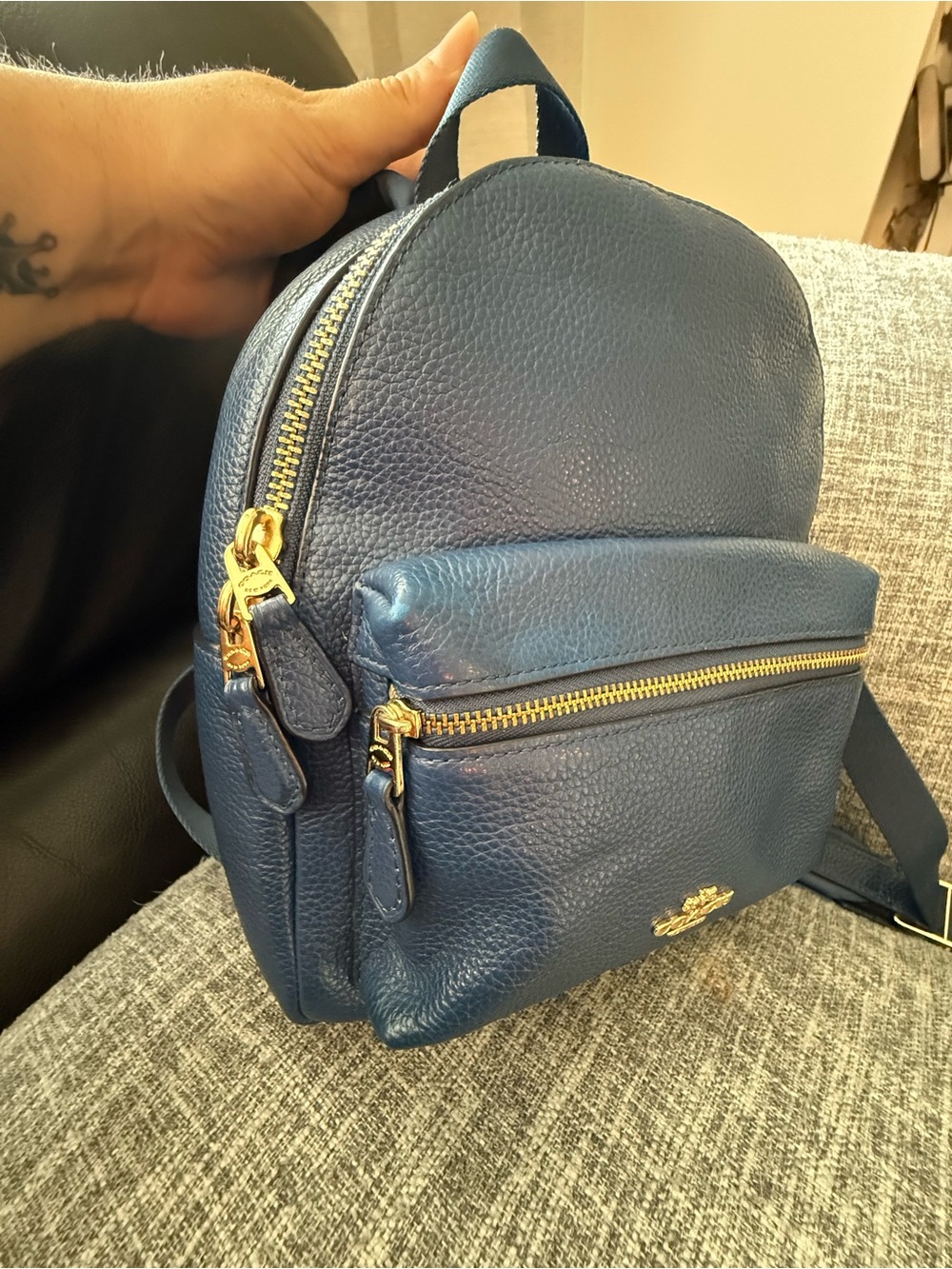 Coach Charlie  Navy Pebbled Leather Mini Backpack with Gold Hardware